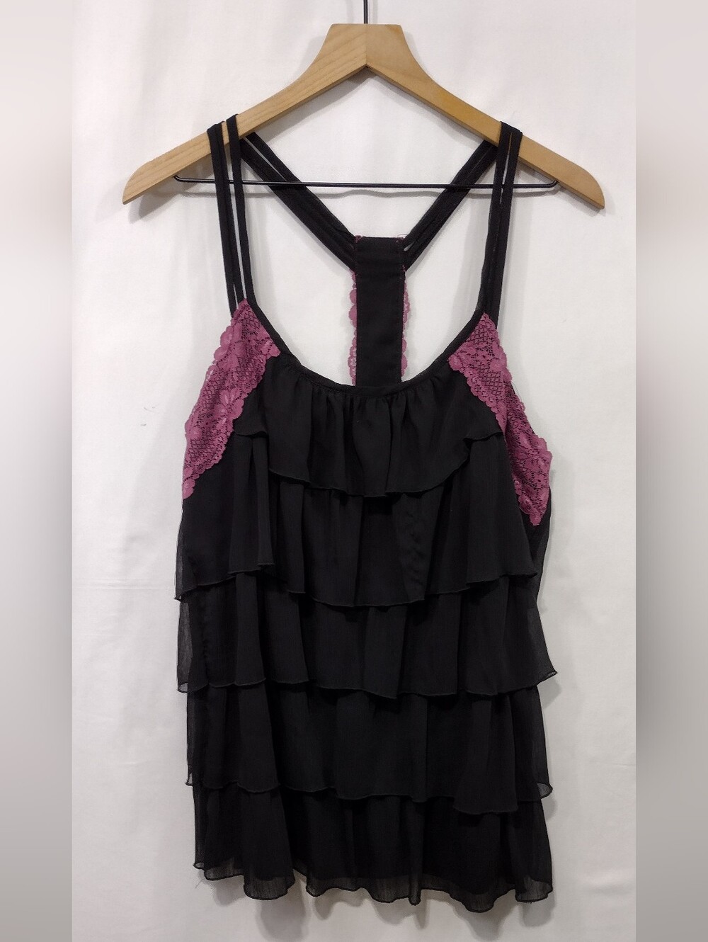 Lovey Dovey Tiered Ruffle Lace Tank Womens XL Black Pink Retro 90s Y2K Feminine